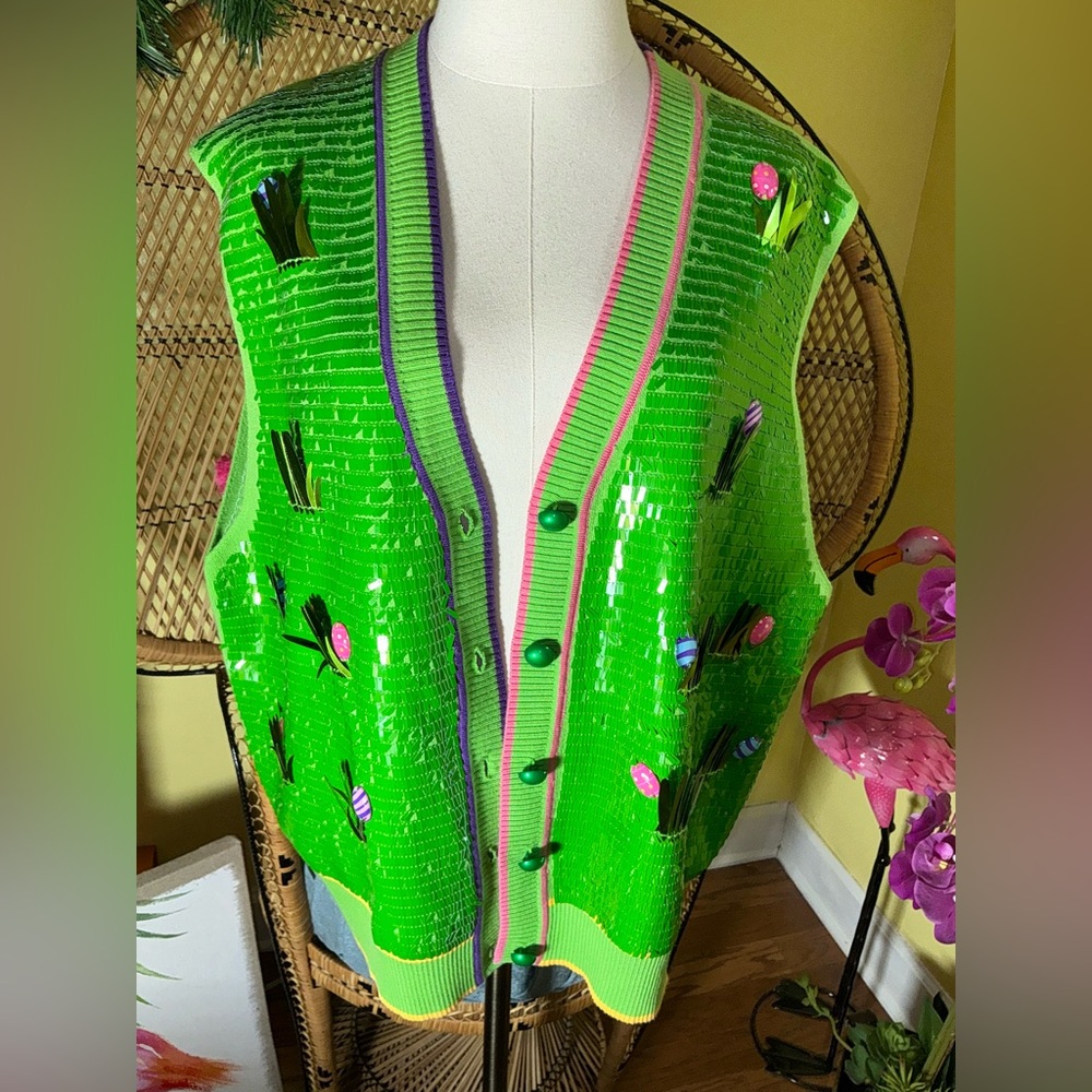 Queen of Sparkles NWT Sequin Easter Egg Grass Vest Size XL - Picture 4 of 11